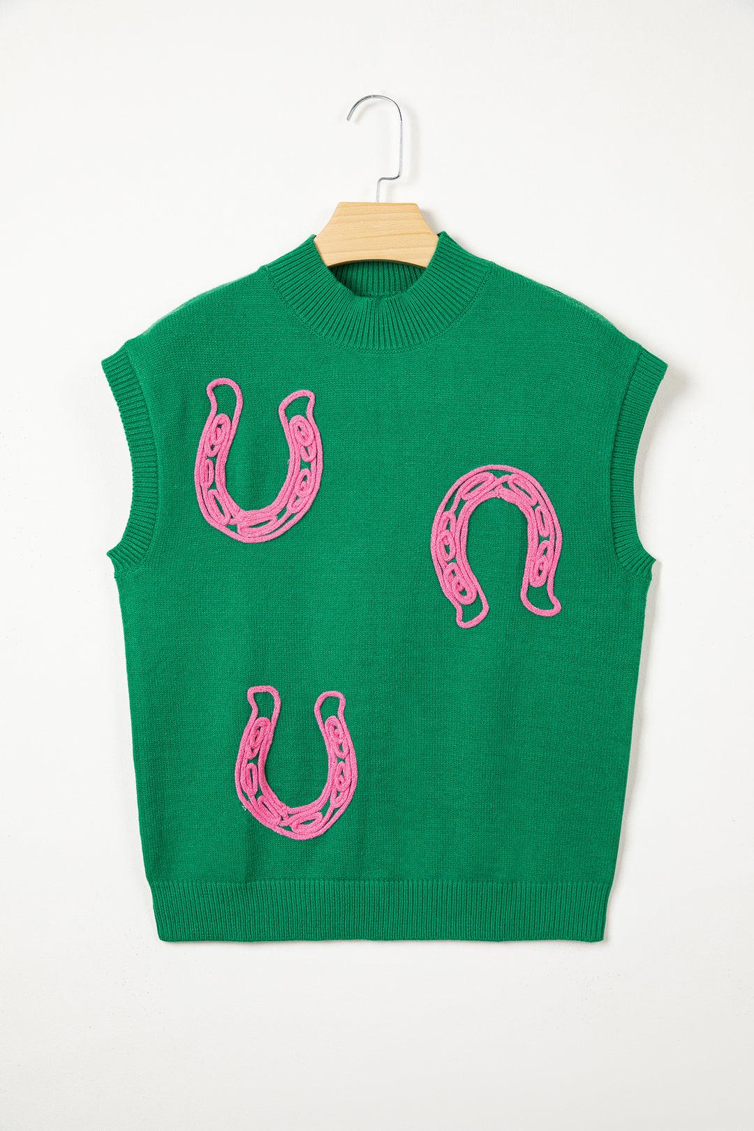 Bright Green Corded Horseshoes Ribbed Trim Mock Neck Short Sleeve Sweater