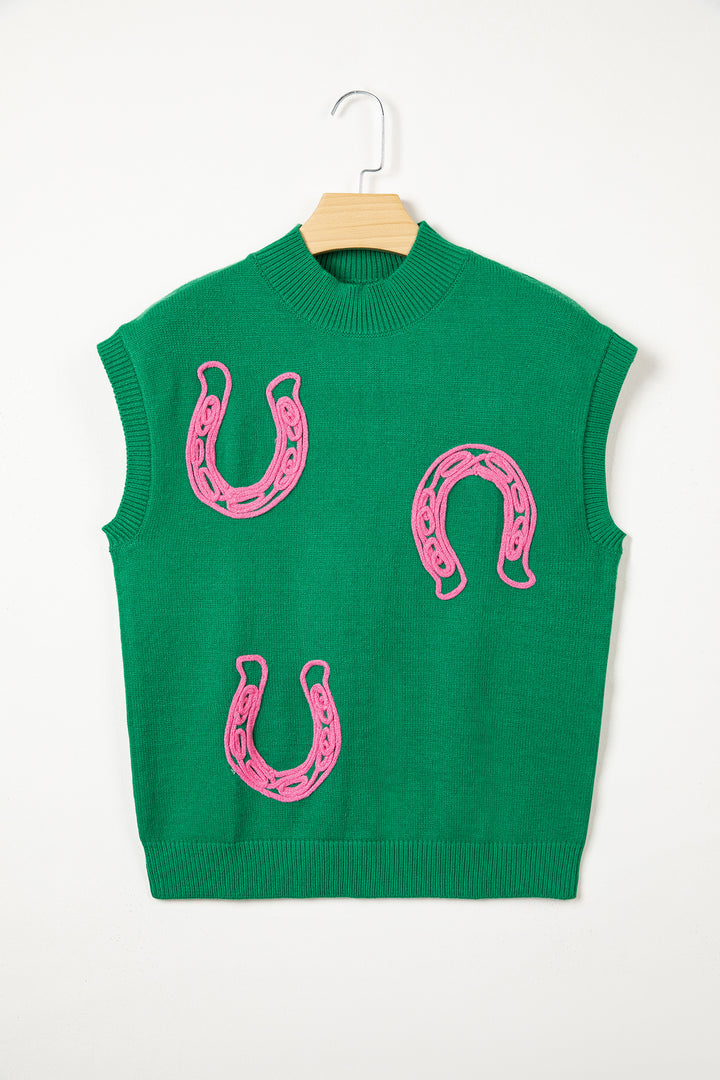 Bright Green Corded Horseshoes Ribbed Trim Mock Neck Short Sleeve Sweater