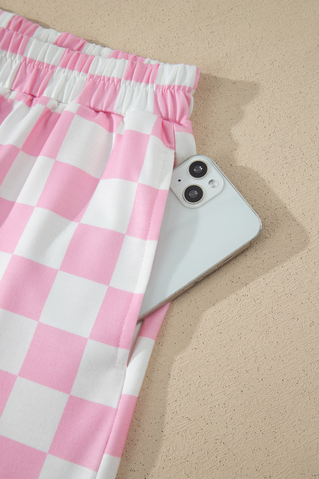 Pink Checkered Print Color Block Trim Mock Neck Short Set
