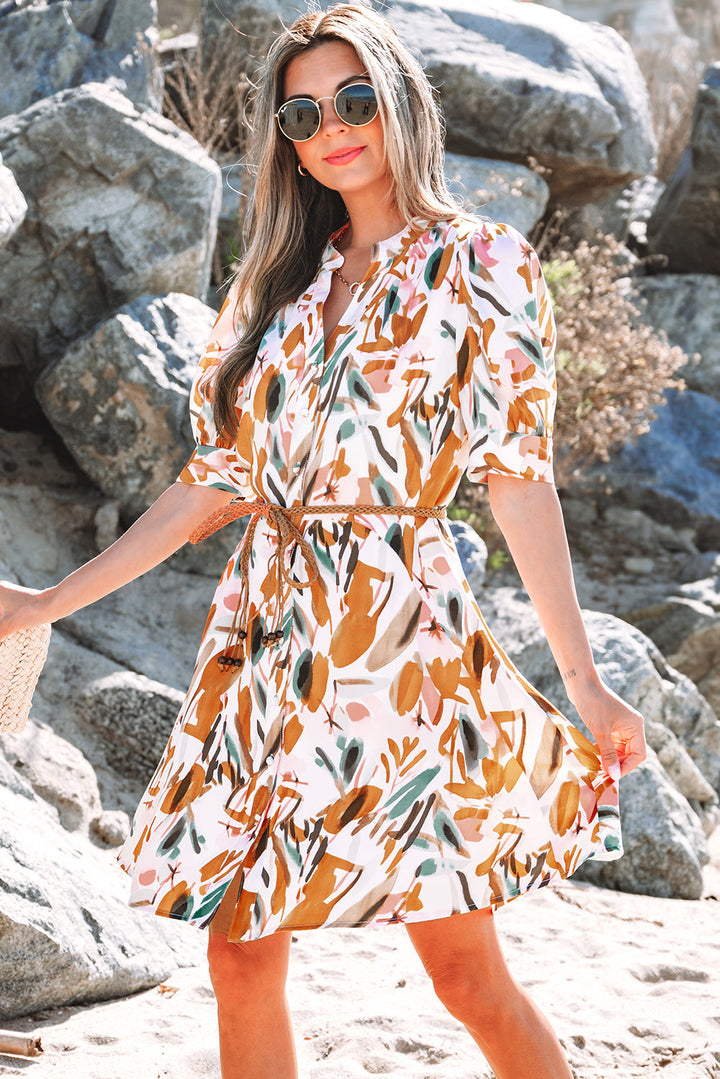 Abstract Printed Puff Sleeve Button Up Braided Belt Mini Dress