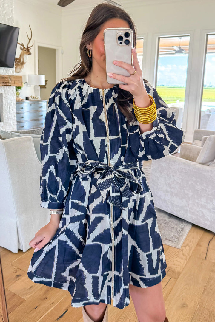 Blue Abstract Geometric Print Zip Front Shift Dress