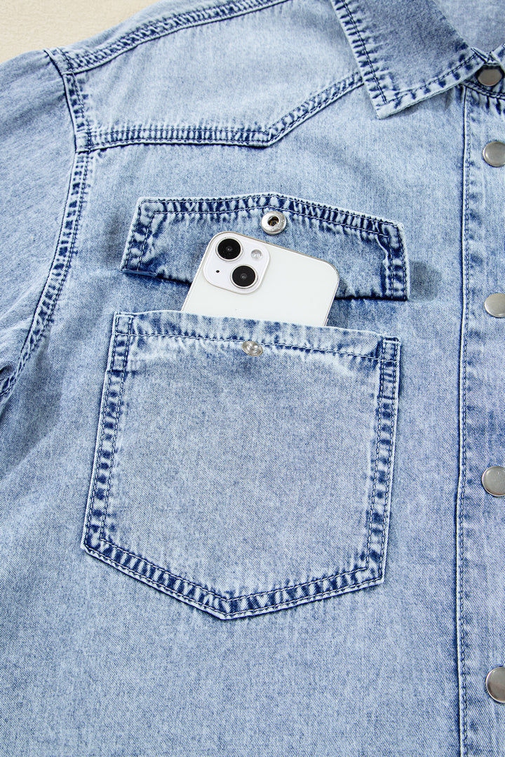 Chest Pocket Raw Hem Denim Loose Shirt Dress