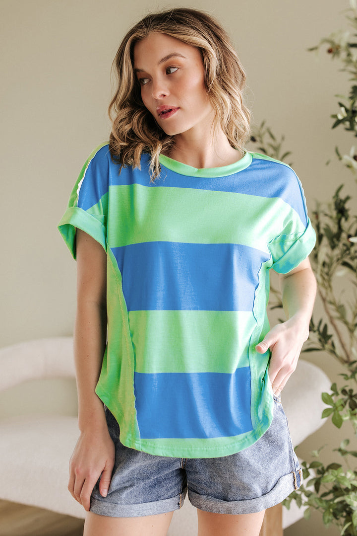 Colorblock Rounded Hem Loose T Shirt