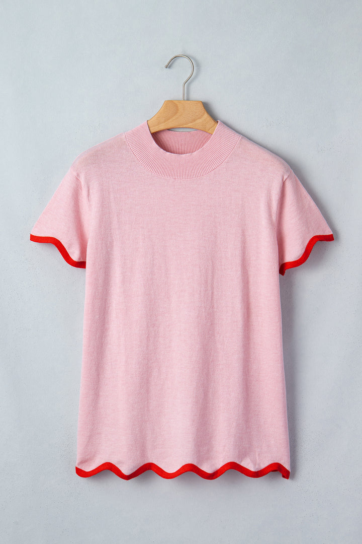 Pink Stand Neck Contrast Wavy Trim Short Sleeve Sweater