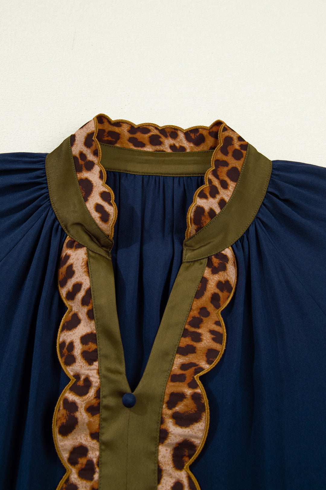 Navy Blue Leopard Metallic Trim Short Sleeve Tunic Dress