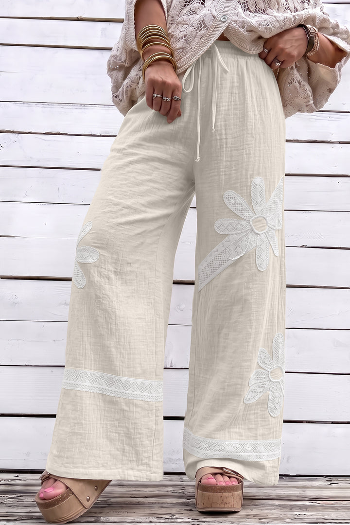 White Floral Lace Patchwork Boho Wide Leg Casual Cotton Pants