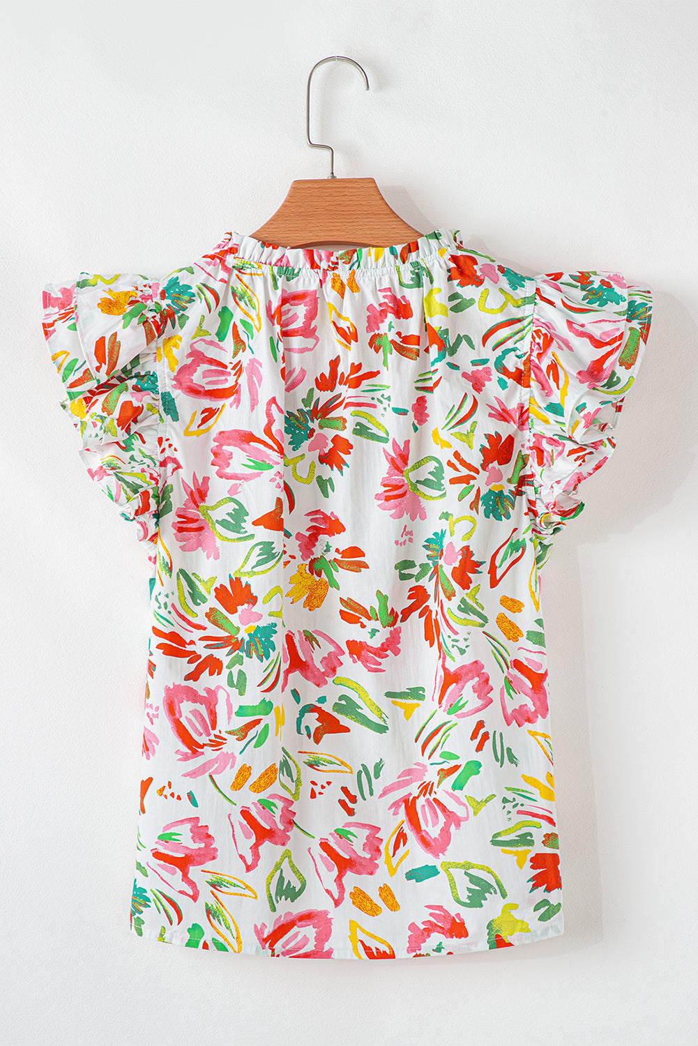 allover floral printed flutter sleeve split neck blouse