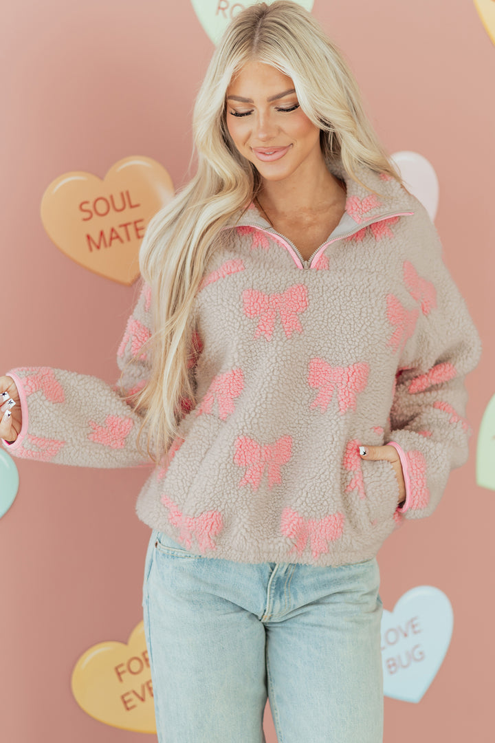 Bow Sherpa Quarter Zip Drop Shoulder Baggy Sweatshirt