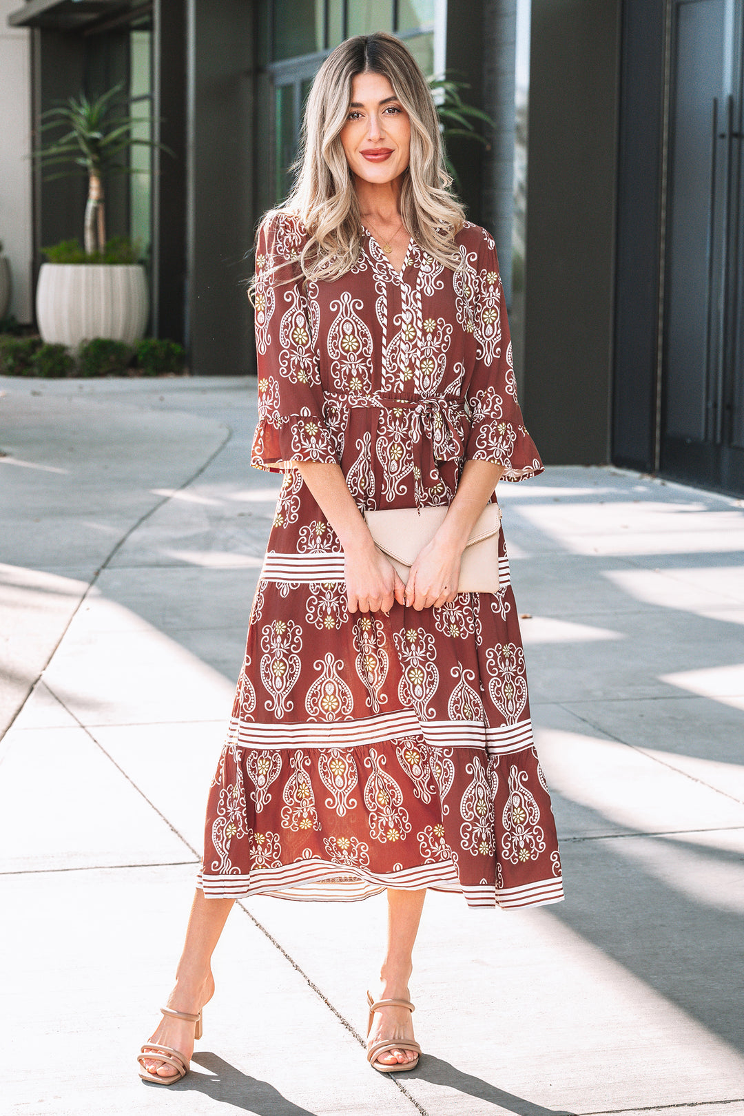 Floral Print Belted Striped Trim Tiered Maxi Dress