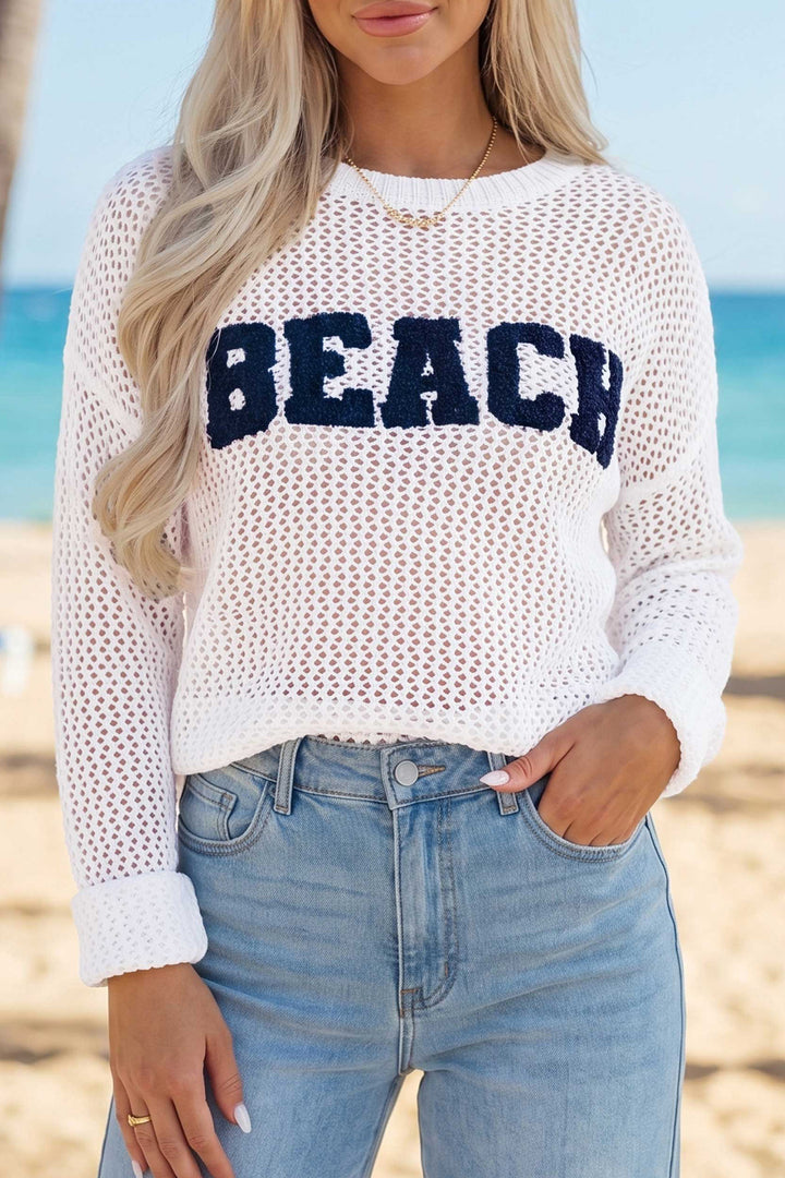 White Chenille BEACH Lettering Hollow Out Knit Sweater