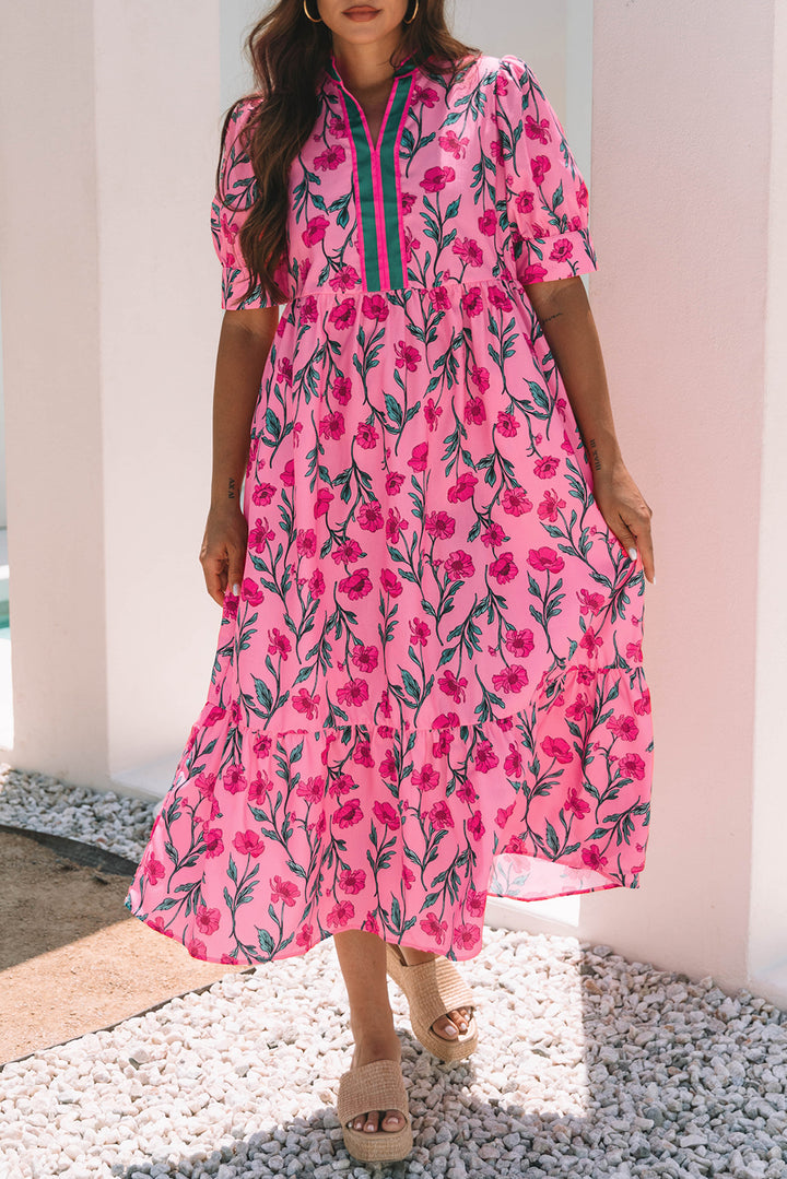 Floral Contrast Neckline A-line Puff Sleeve Long Dress