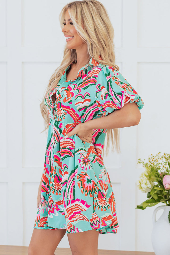 Abstract Print Lace-up High Waist Buttoned Mini Dress