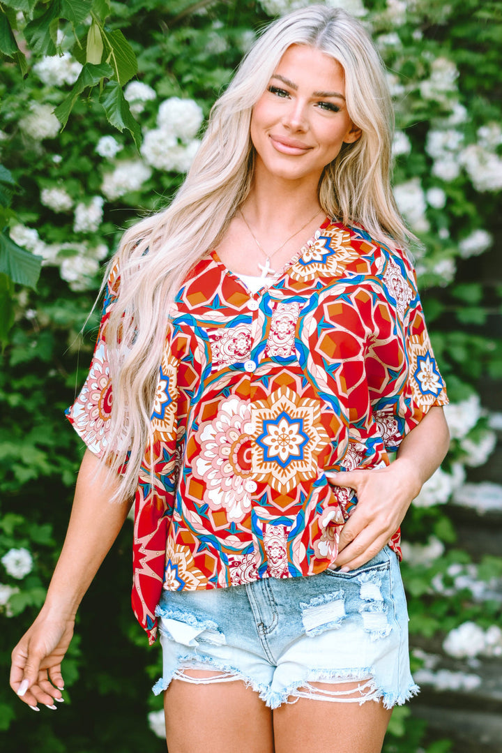Floral Print Batwing Sleeve V Neck Blouse