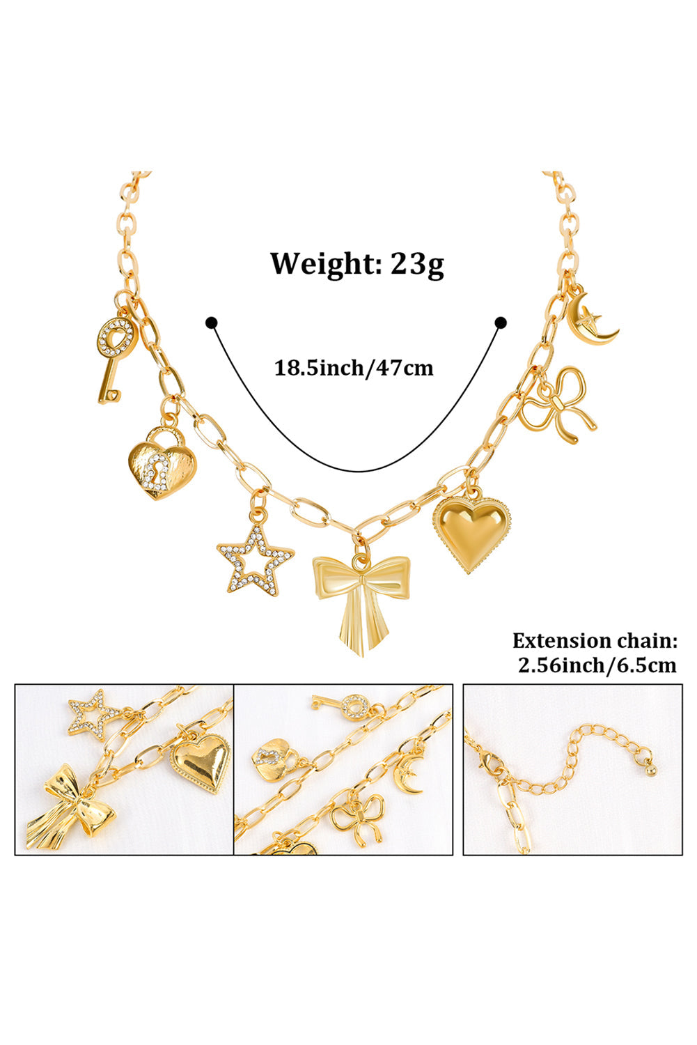 Bow Heart Star Key Charm Alloy Adjustable Chain Necklace