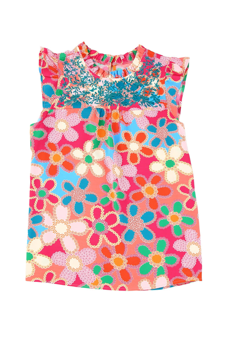 Embroidered Detail Floral Print Ruffle Trim Tank Top