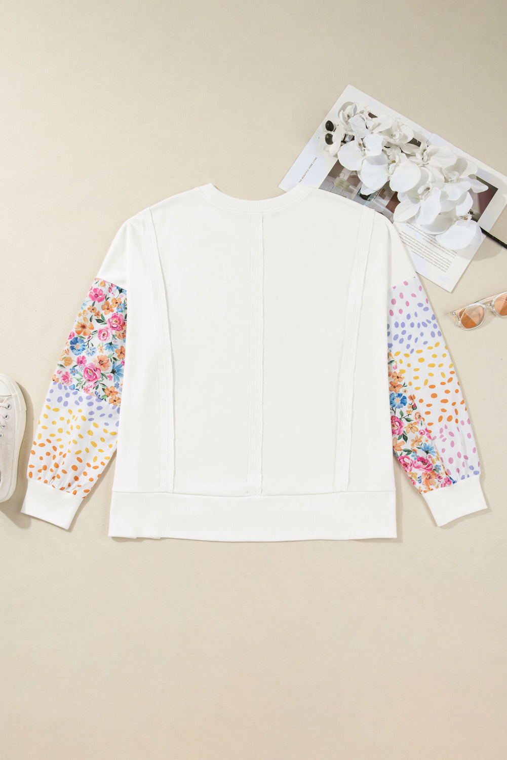 White Plus Size Exposed Seam Detail Contrast Dot Floral Patchwork Sleeve Sweatshirt