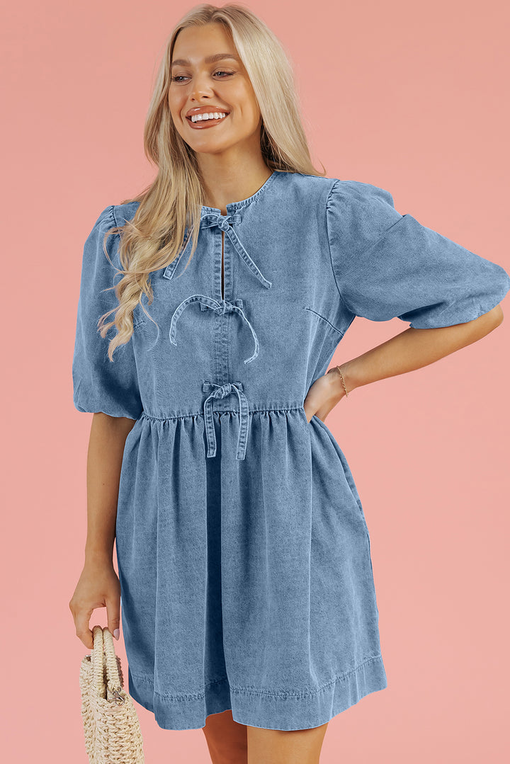 Bowknot Bubble Sleeve Short Denim Dress