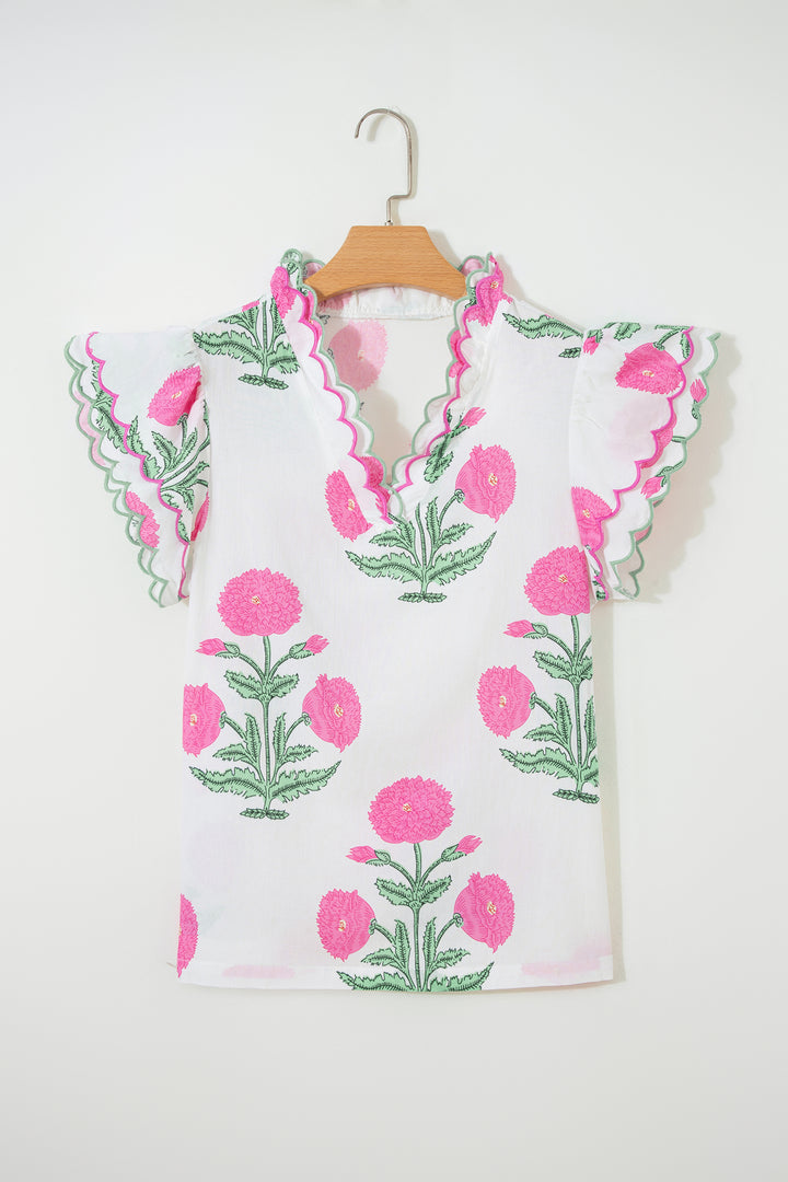 Wild Flower Print Contrast Trim Scallop Detail Short Sleeve Blouse