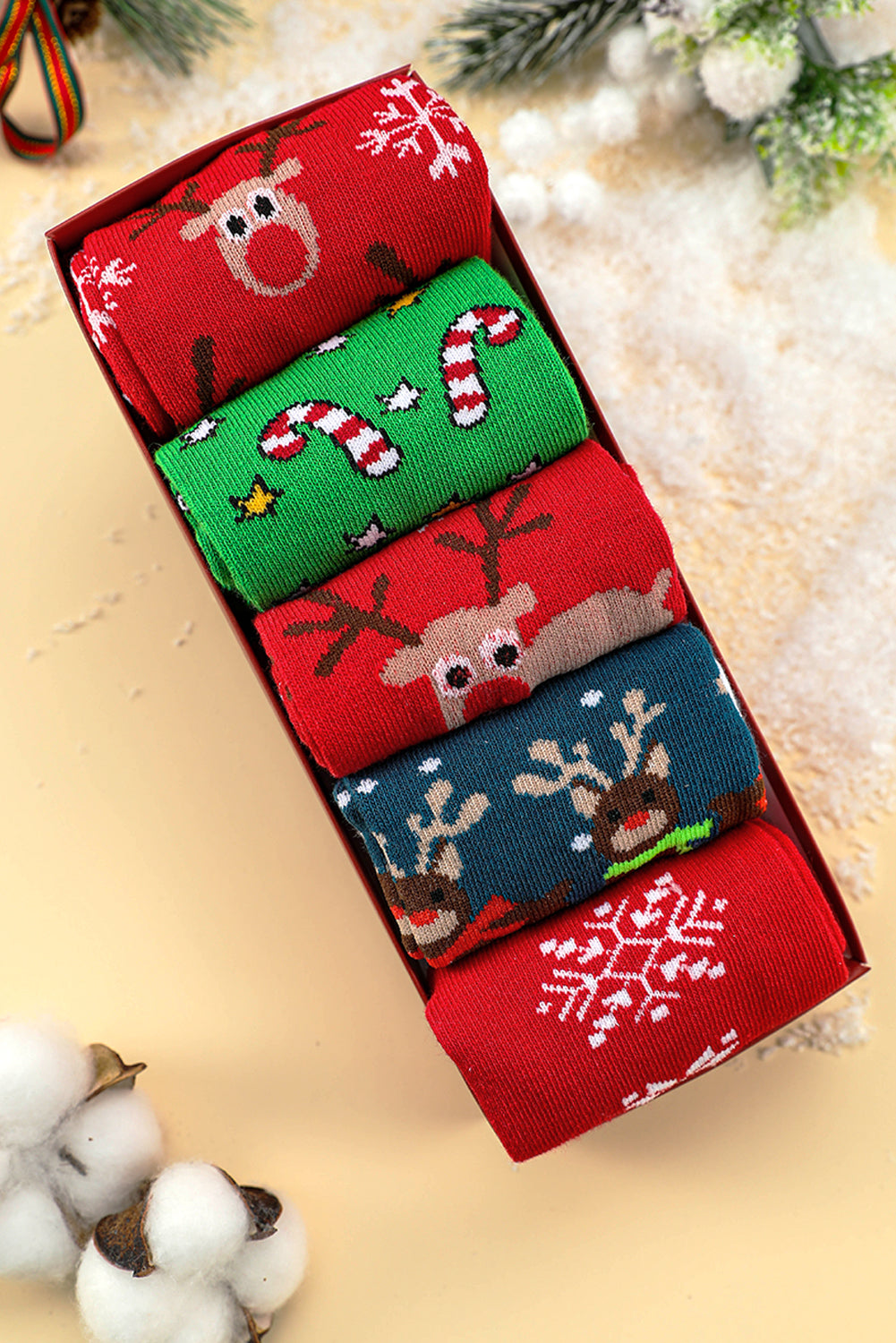 Lot de 5 paires de chaussettes de Noël souples avec motif élan et boîte