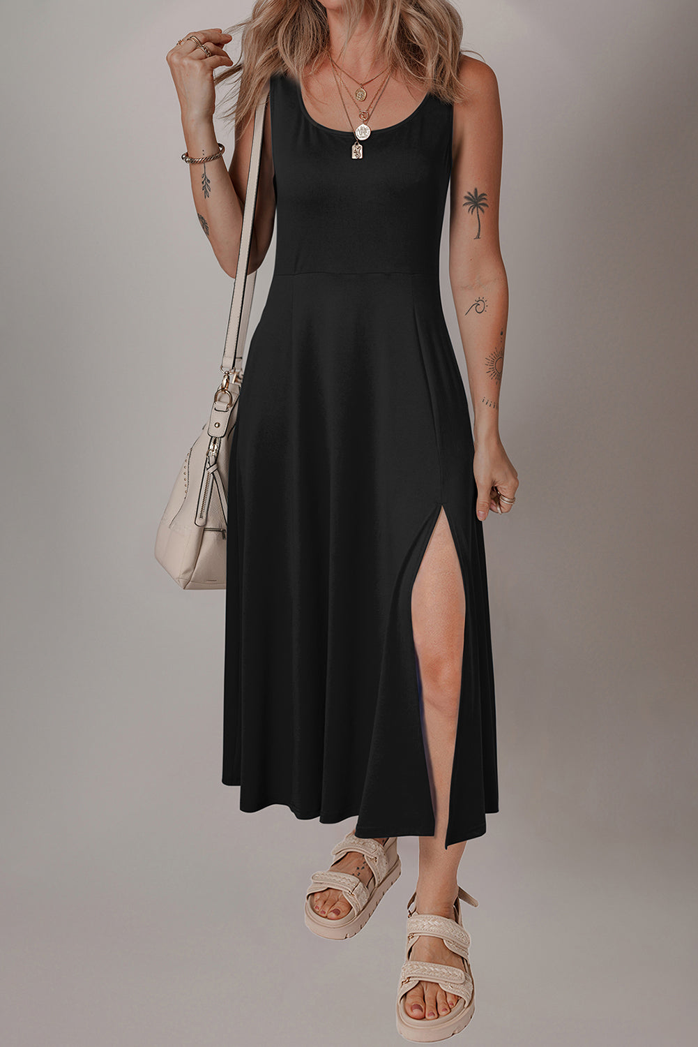 Sleeveless Scoop Neck Flared Split Midi Dress