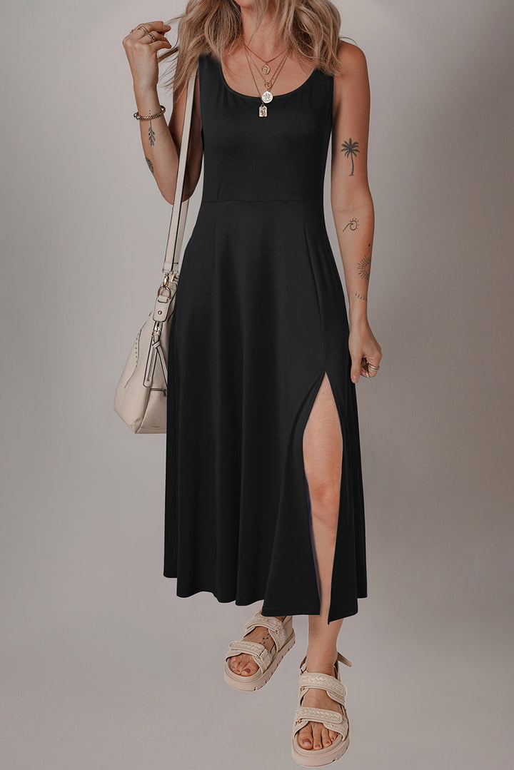 Sleeveless Scoop Neck Flared Split Midi Dress