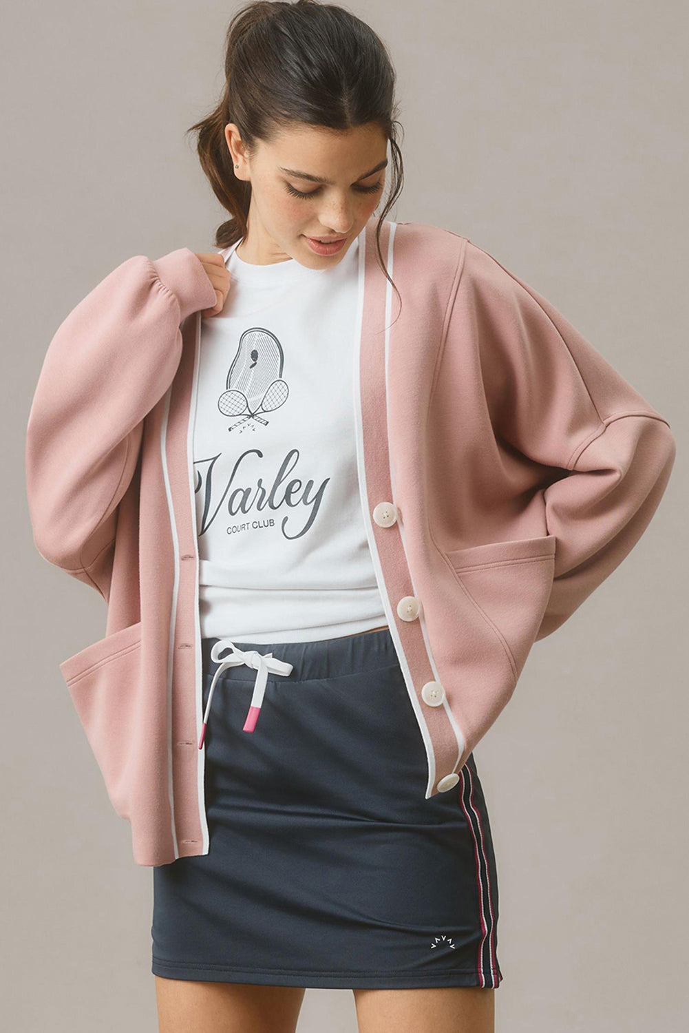 Pink Stripe Contrast Trim Buttoned Front Pocketed Knit Cardigan