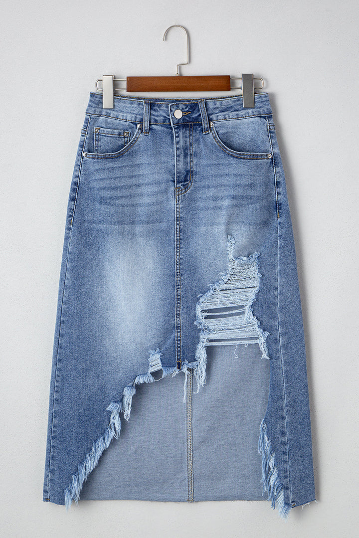 Dearlove Myosotis Irregular Distressed Bottom Denim Midi Skirt