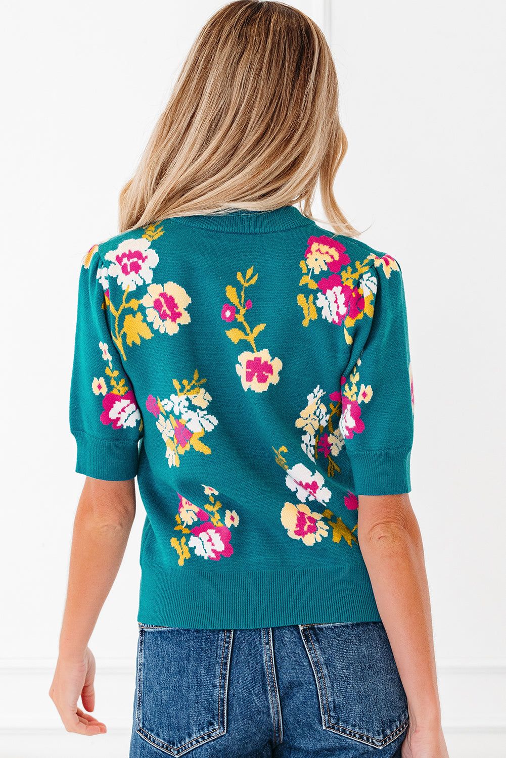 Flower Pattern Mock Neck Short Sleeve Knitted T Shirt