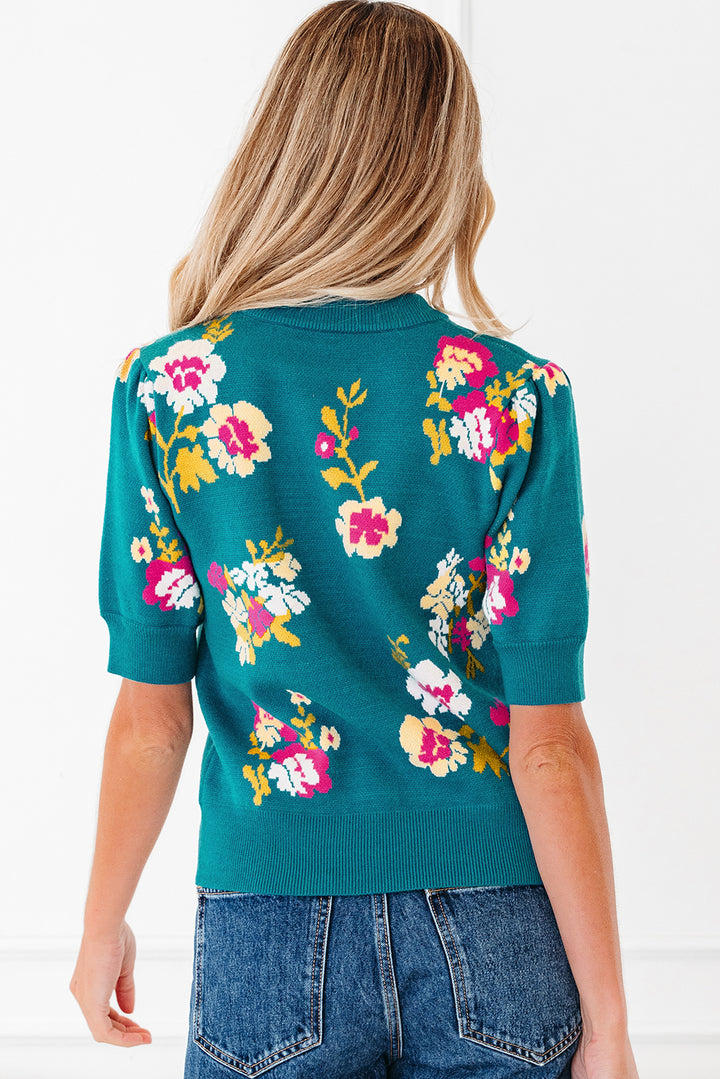 Flower Pattern Mock Neck Short Sleeve Knitted T Shirt