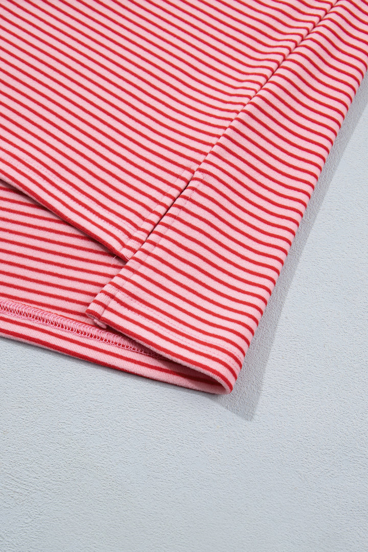 Pink Stripe Contrast Trim Round Neck Oversize Long Sleeve Top 2pcs Pant Set