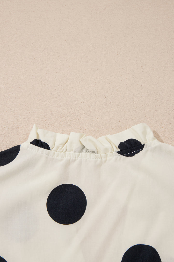Apricot Casual Polka Dot V-Neck Ruffle Short Sleeve Shift Blouse