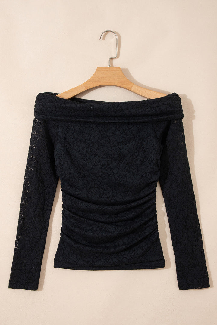 Black Floral Lace Off-shoulder Long Sleeve Slim Top