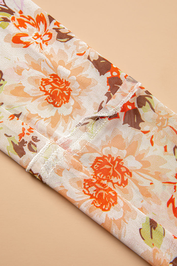 Multicolour Floral Print Mesh Thumbhole Long Sleeve Slim Top