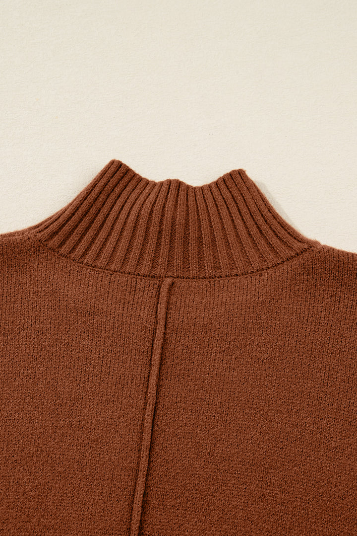 Ribbed High Neck Front Pockets Center Seam Shift Sweater Dress