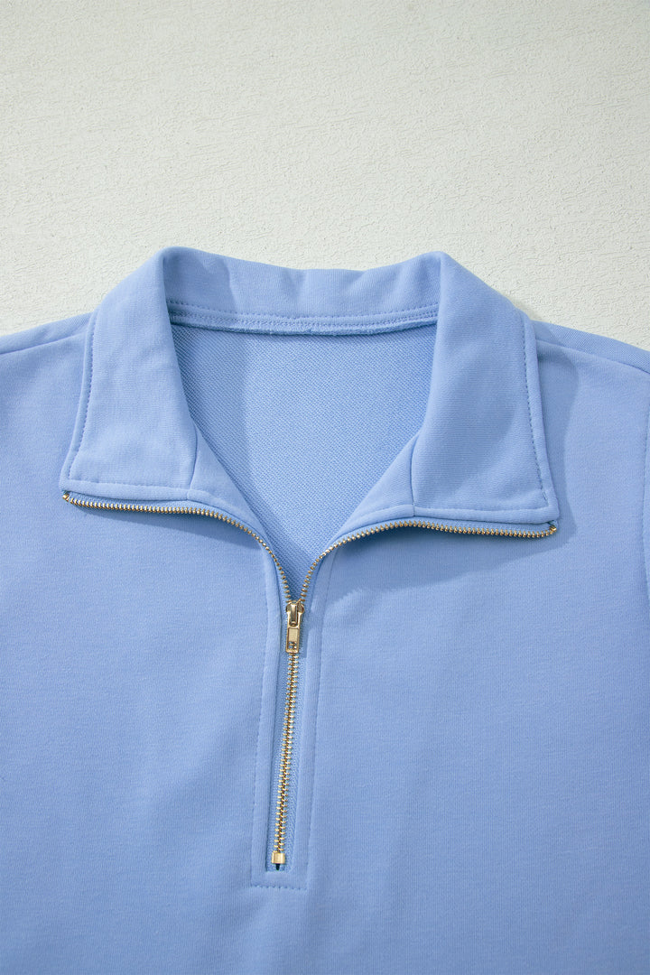 Sky Blue Half Zipped Ruffled Short Set