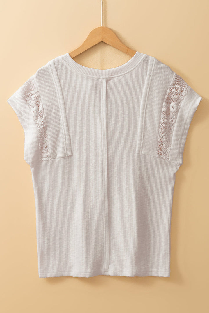 ribbed texture lace patchwork short sleeve top