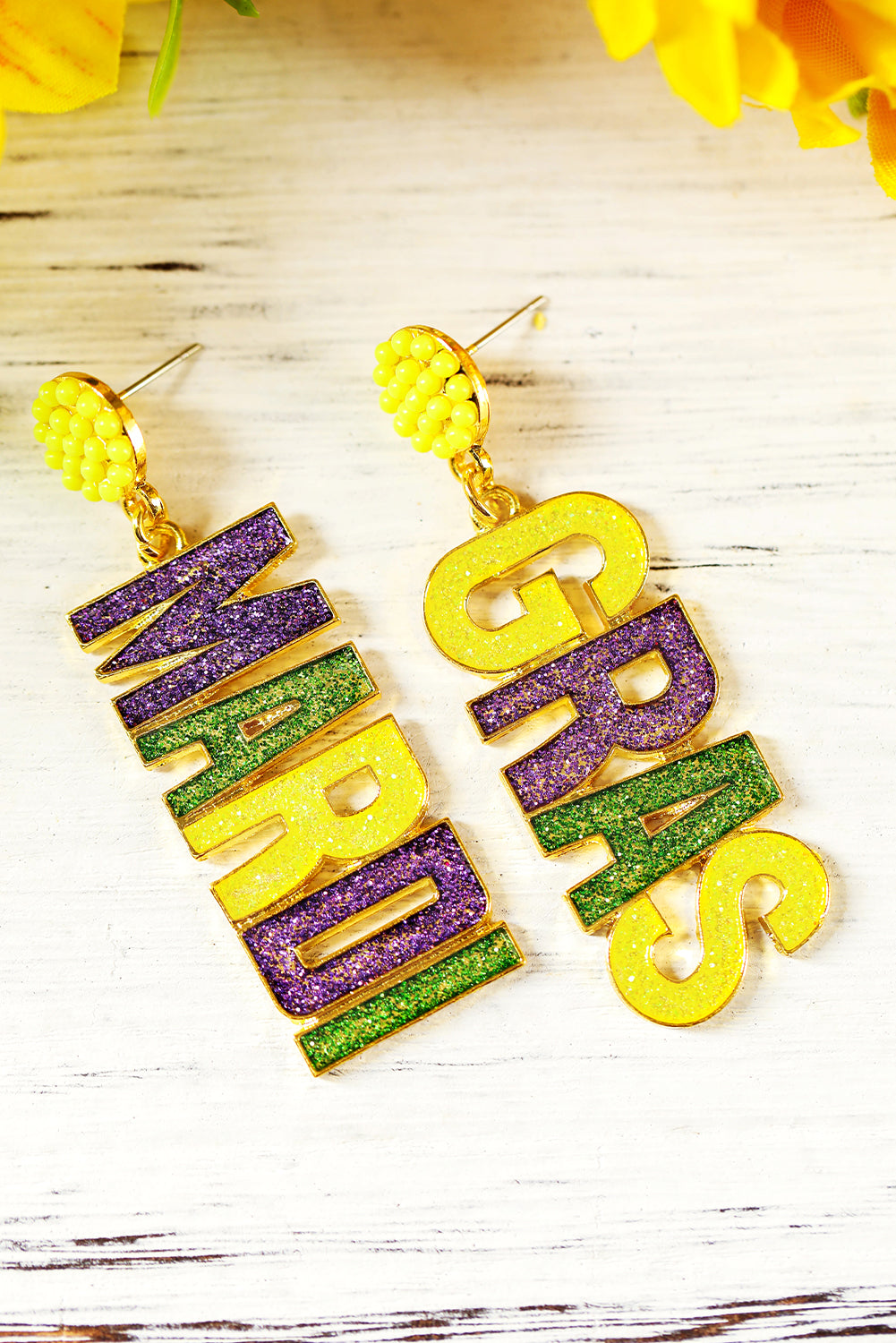 Boucles d'oreilles pendantes à lettres brillantes MARDI GRAS