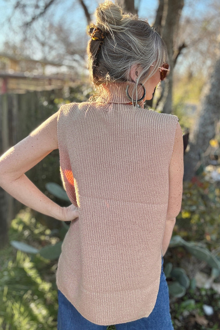 Light French Beige Sleeveless High Neck Knit Wool Sweater Vest