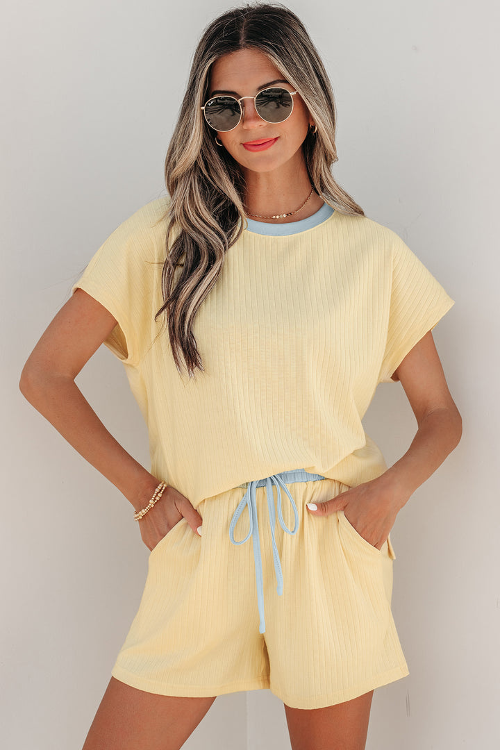 Yellow Cream Soft Ribbed Color Block Trim Casual Short Set