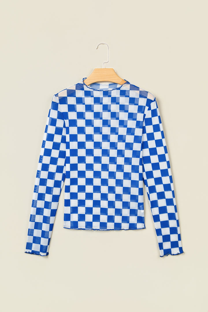 Dark Blue Plaid Mesh Sheer Long Sleeve Top