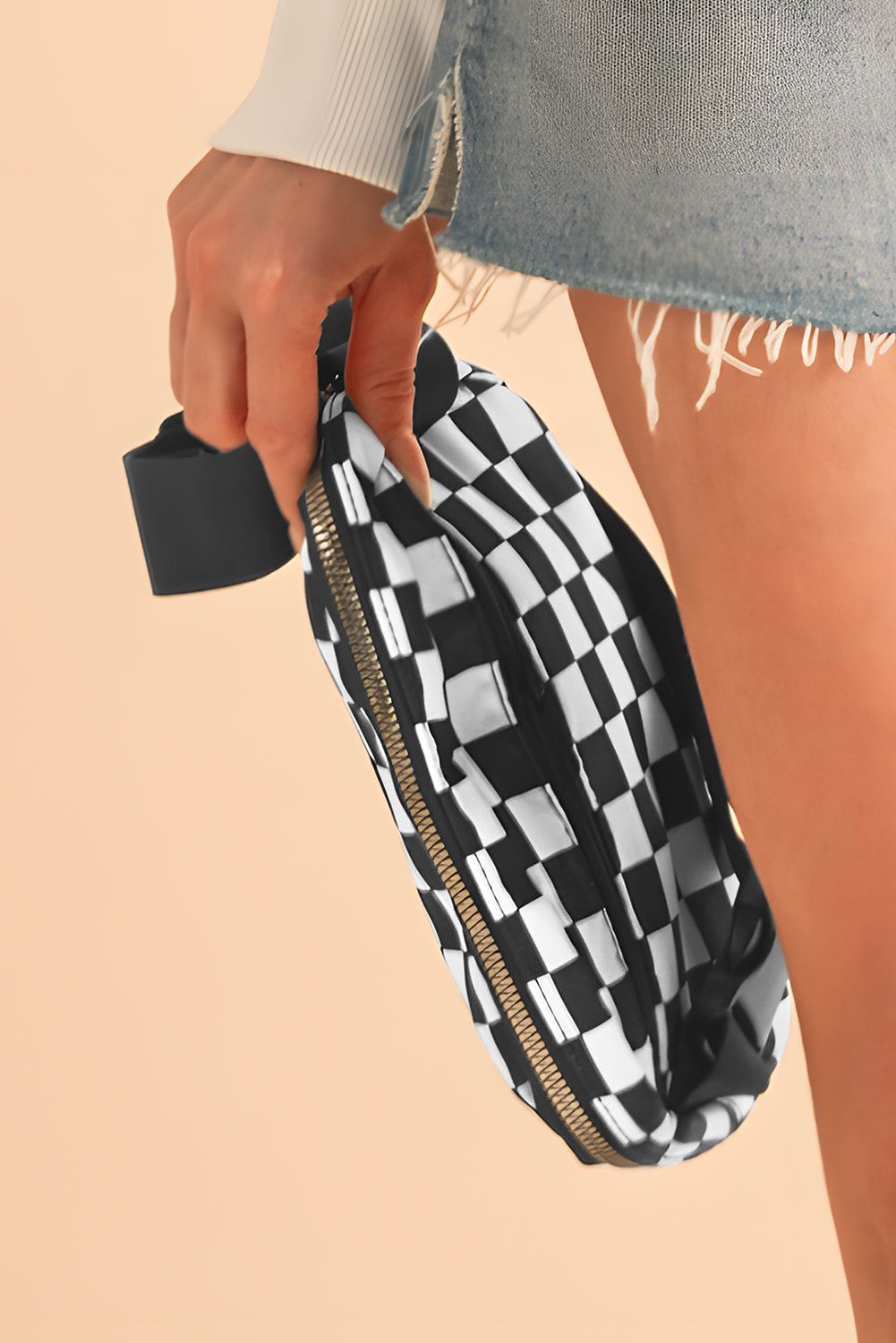 Checkered Print Buckle Wide Belt Crossbody Bag