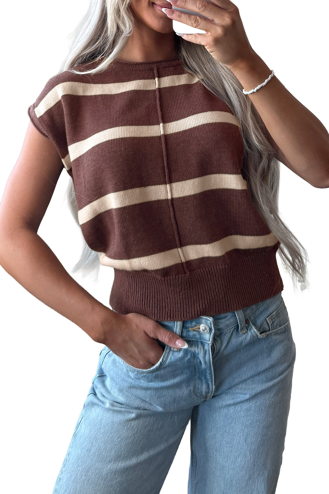 Brown Stripe Knit Western Short Sleeve Sweater