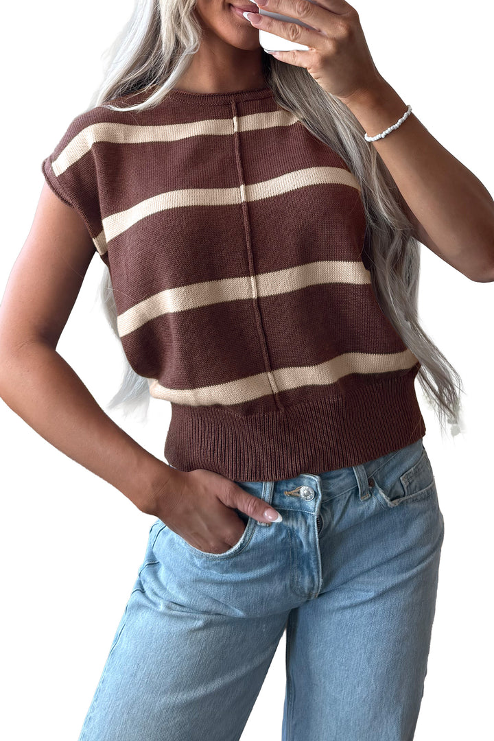 Brown Stripe Knit Western Short Sleeve Sweater