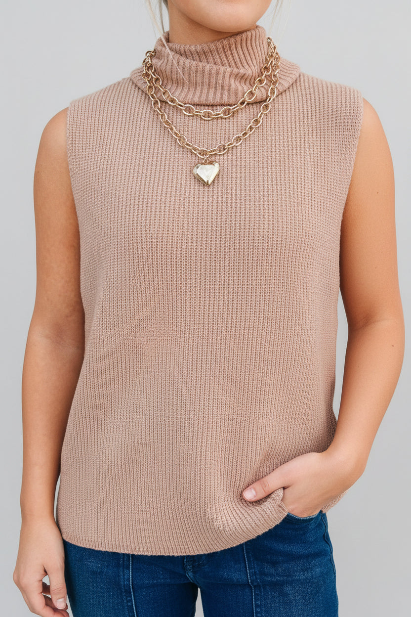 Light French Beige Sleeveless High Neck Knit Wool Sweater Vest