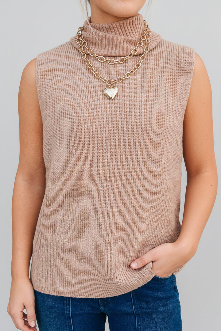 Light French Beige Sleeveless High Neck Knit Wool Sweater Vest