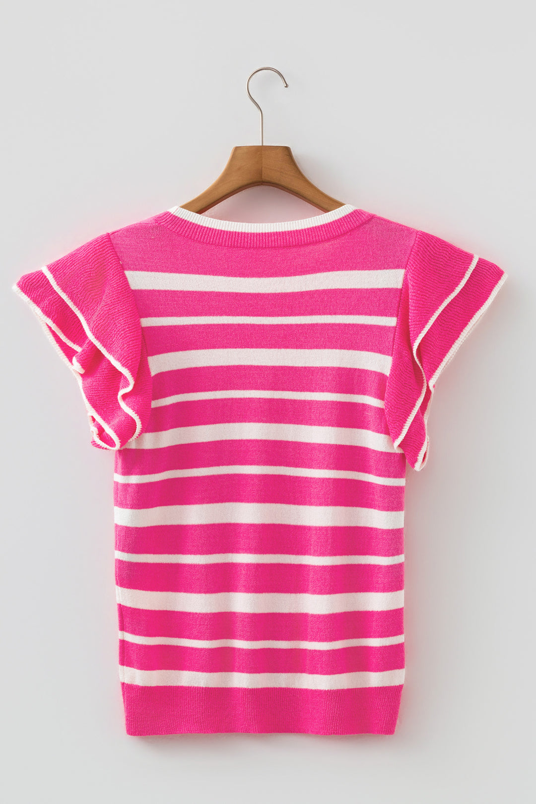 Rose Stripe Double Ruffle Short Sleeve Lightweight Knit Sweater