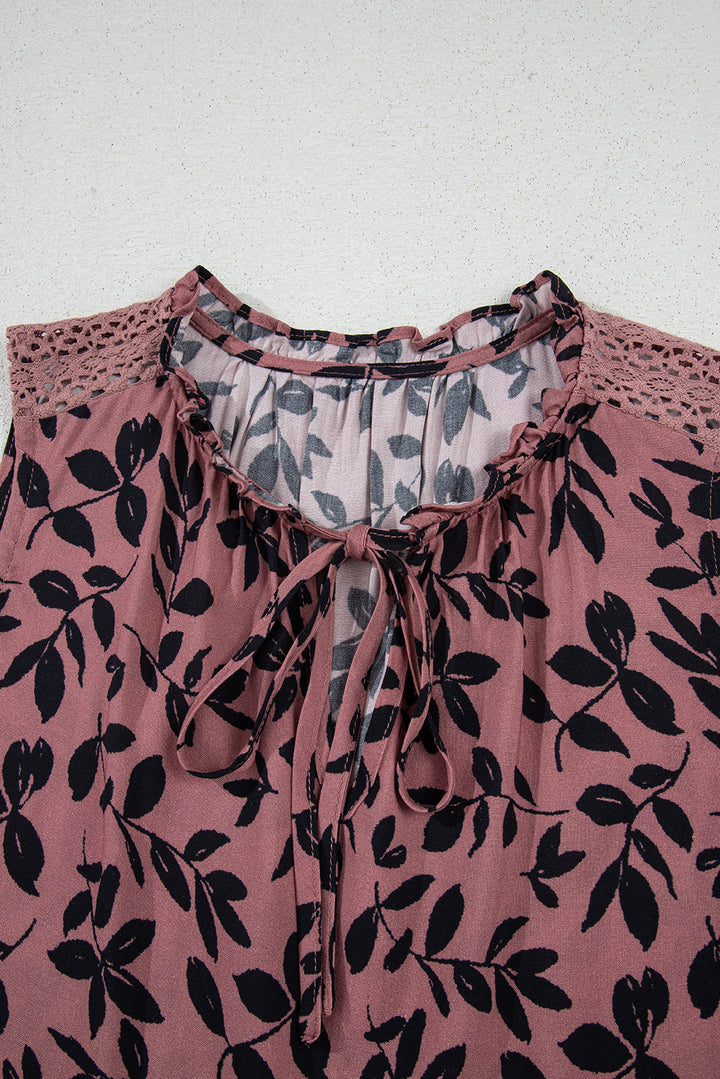 Brown Leaf Print Lace-up V Neck Crinckled Tank Top