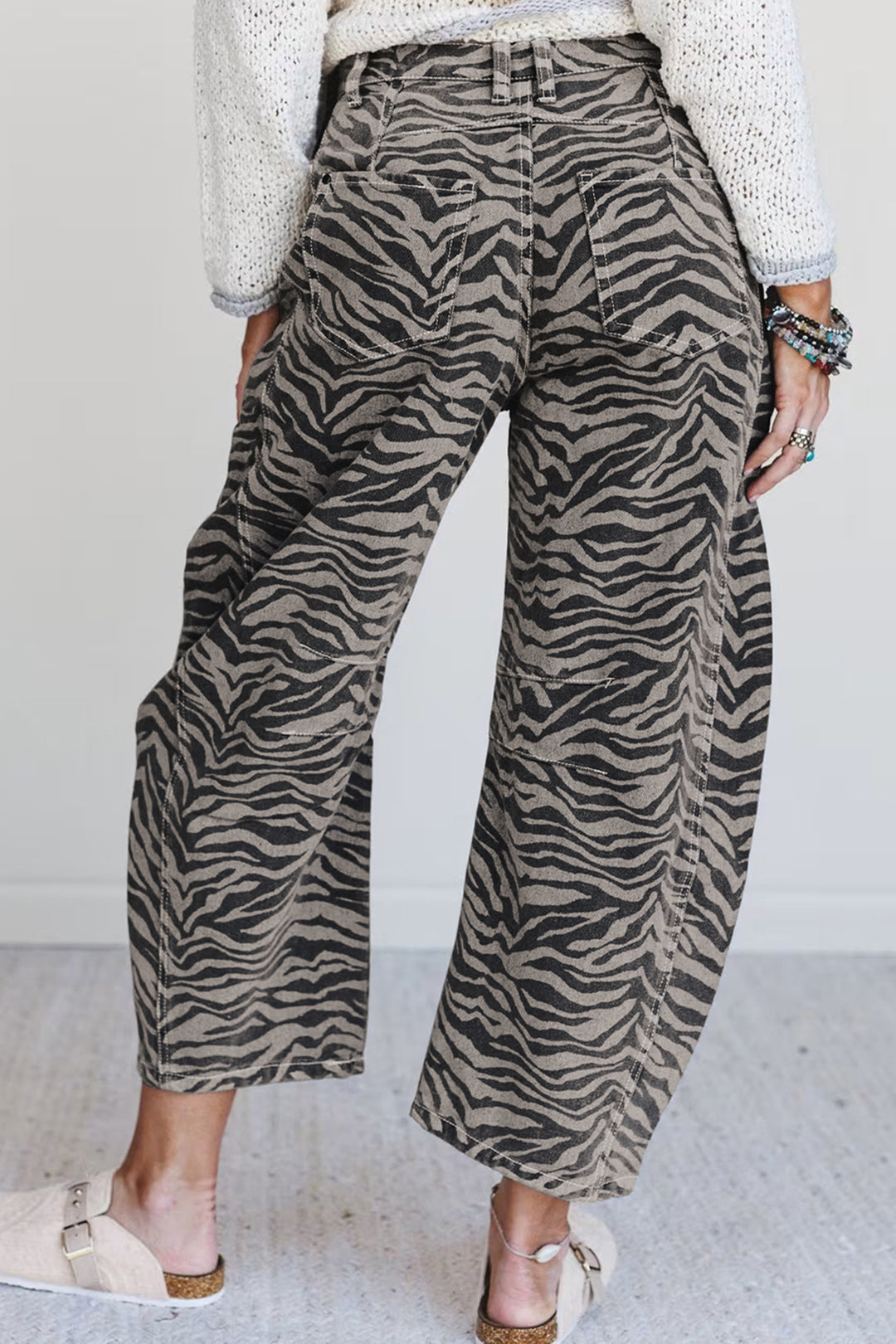 Gray Zebra Stripe Printed Wide Leg Barrel Jeans