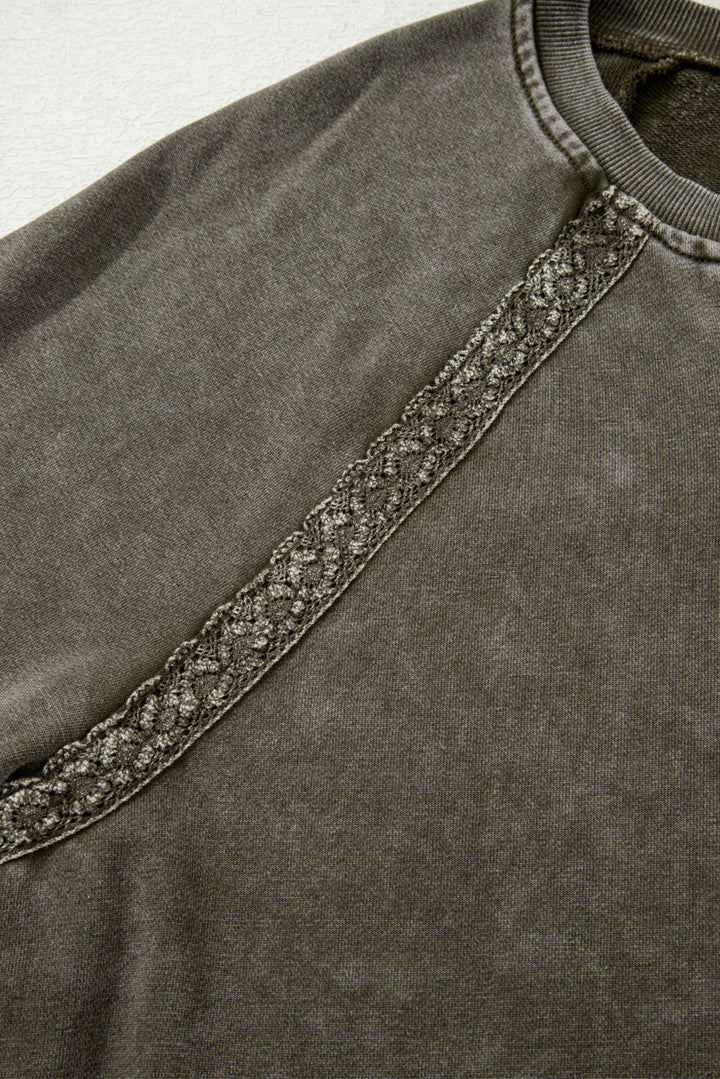 Jungle Green Lace Patchwork Detail Notched Neck Mineral Wash Baggy Sweatshirt