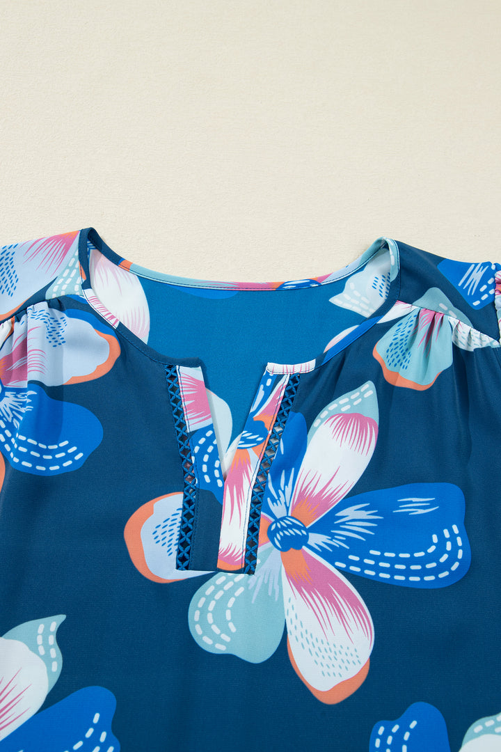 Floral Print Short Puff Sleeve Ruffle Hem Belted Long Dress